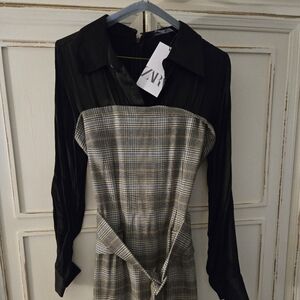Zara Black and Gray Plaid Midi Dress